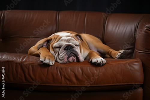 English bulldog puppy sleeps on a couch, in the style of canon eos 5d mark iv, shaped canvas, wimmelbilder, soft-focus, brown

