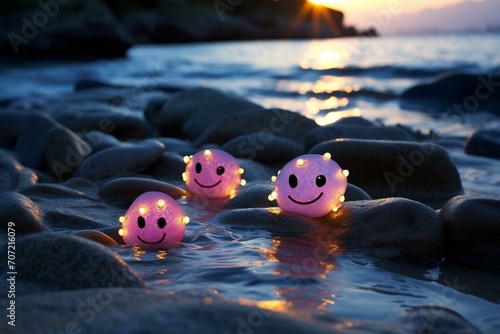 Luminous amaranth stones arranged in a smiley face beside the ocean. Generative AI photo