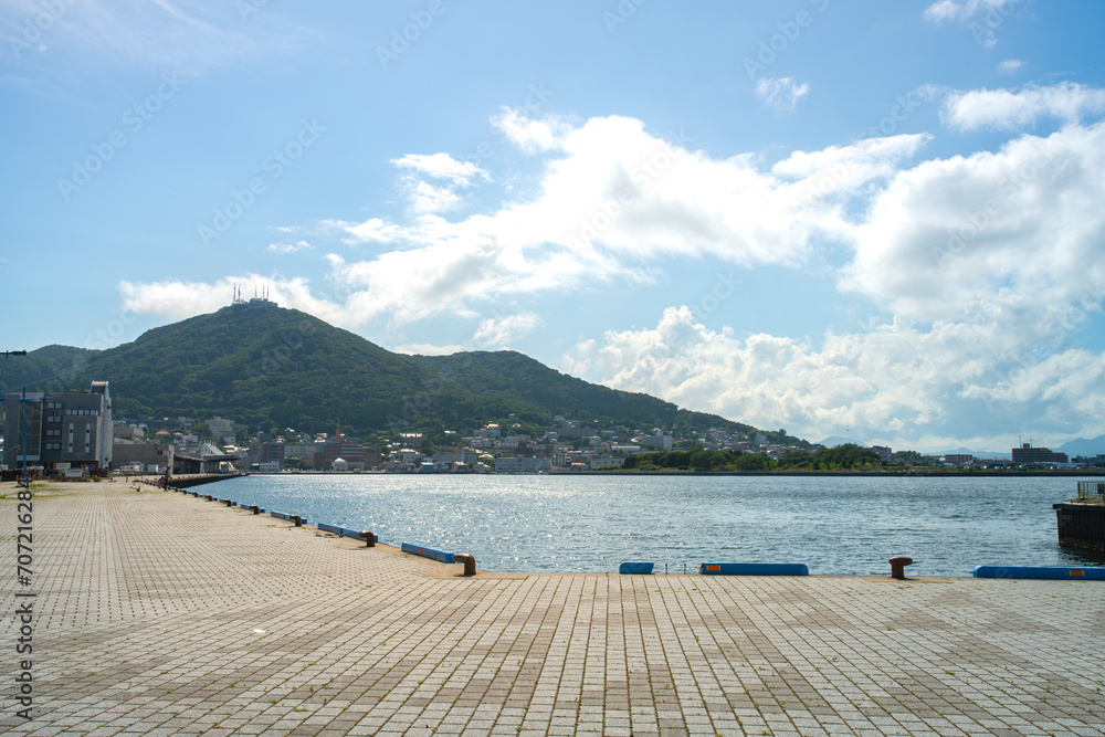 Obraz premium Mount Hakodate, an inactive volcanic mountain renowed for its view of the surrounding bay and city, there is cable car service to access the peak, Hakodate, Hokkaido, Japan
