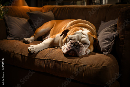 English bulldog puppy sleeps on a couch, in the style of canon eos 5d mark iv, shaped canvas, wimmelbilder, soft-focus, brown