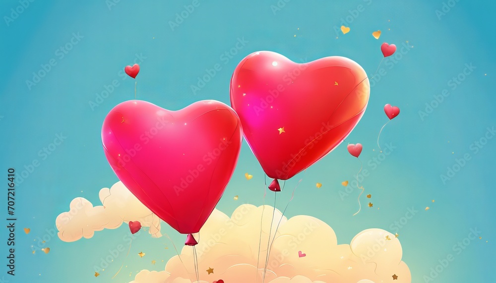 Red heart shaped balloons with clouds and blue sky in the background