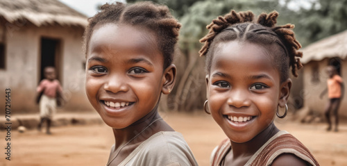 african girls with dreadlocks posing in the village, huts with thatched roof in the background photo