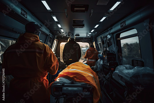 Emergency medical team inside an ambulance with a patient on a stretcher.