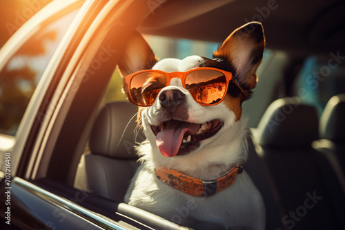 Wallpaper Mural A dog wearing sunglasses, in the style of travel, light beige and orange, cinestill 50d, auto body works, high quality photo, joyful celebration of nature, photo taken with provia

 Torontodigital.ca