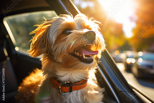 Dog wearing sunglasses in car, in the style of white and orange, vintage atmosphere, wimmelbilder, joyful chaos, southern countryside, light beige and amber, cute and colorful

 photo