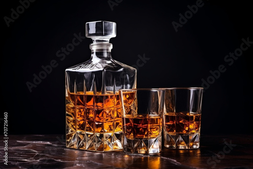 Two Glasses with whisky or brandy and decanter on wooden table surface. AI generated. photo
