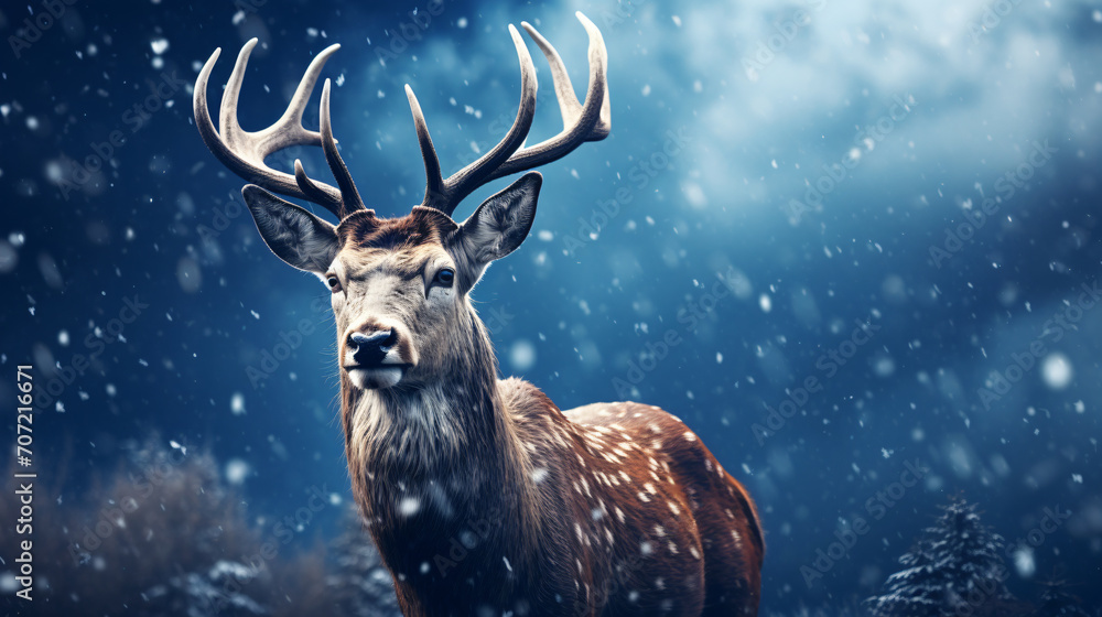 Deer in the snow with light and snow falling around it, in the style of photorealistic portraiture, dark red and dark azure, photo-realistic landscapes, wimmelbilder, exotic flora and fauna, baroque a Deer in the snow with light and snow falling around it, in the style of photorealistic portraiture, dark red and dark azure, photo-realistic landscapes, wimmelbilder, exotic flora and fauna, baroque a
