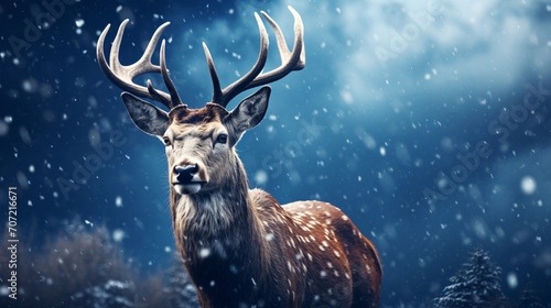 Deer in the snow with light and snow falling around it, in the style of photorealistic portraiture, dark red and dark azure, photo-realistic landscapes, wimmelbilder, exotic flora and fauna, baroque a © Possibility Pages