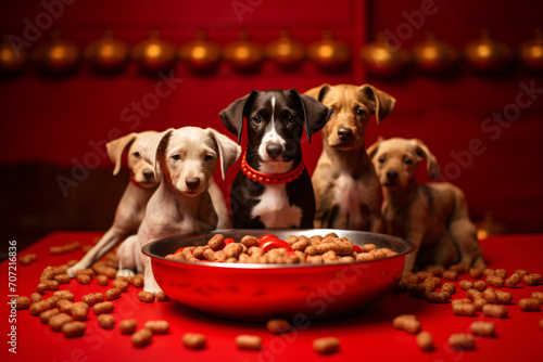 Chocolate dogs on red collar dog a bowl of food with a red and white collar, in the style of canon ts-e 17mm f/4l tilt-shift, contemporary diy, golden light, beautiful interiors, unprimed canvas

 photo