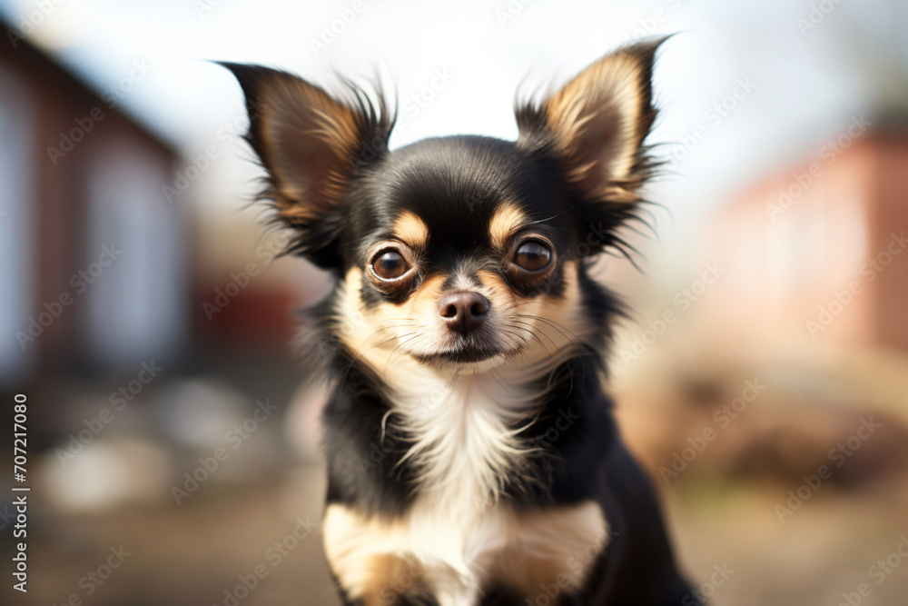 Chihuahua, looking to the camera, in the style of dark black and light beige, soft-focus technique, wimmelbilder, chinapunk, cute and colorful, high resolution, konica big mini


