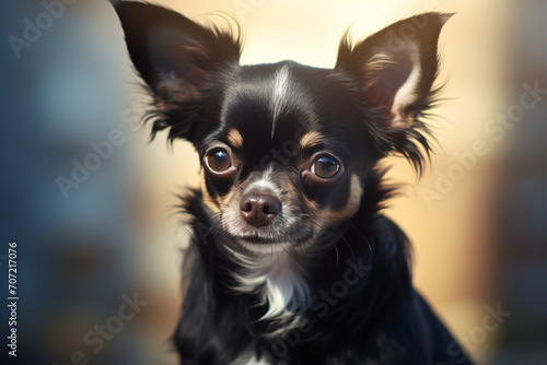 Chihuahua, looking to the camera, in the style of dark black and light beige, soft-focus technique, wimmelbilder, chinapunk, cute and colorful, high resolution, konica big mini
