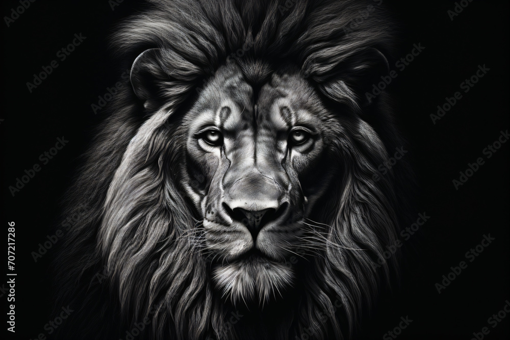 A high quality black and white portrait of a lion with an impressive ear and ear hair, in the style of intense close-ups, photorealist painter, photorealistic wildlife art, luminous shadows, poster, c