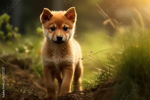 A tiny puppy standing in the grass, in the style of japenese renaissance, light red, photo-realistic landscapes, energetic gestures, canon sure shot af-7s, handsome, dark yellow and light emerald
