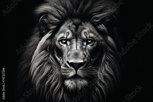 A high quality black and white portrait of a lion with an impressive ear and ear hair, in the style of intense close-ups, photorealist painter, photorealistic wildlife art, luminous shadows, poster, c