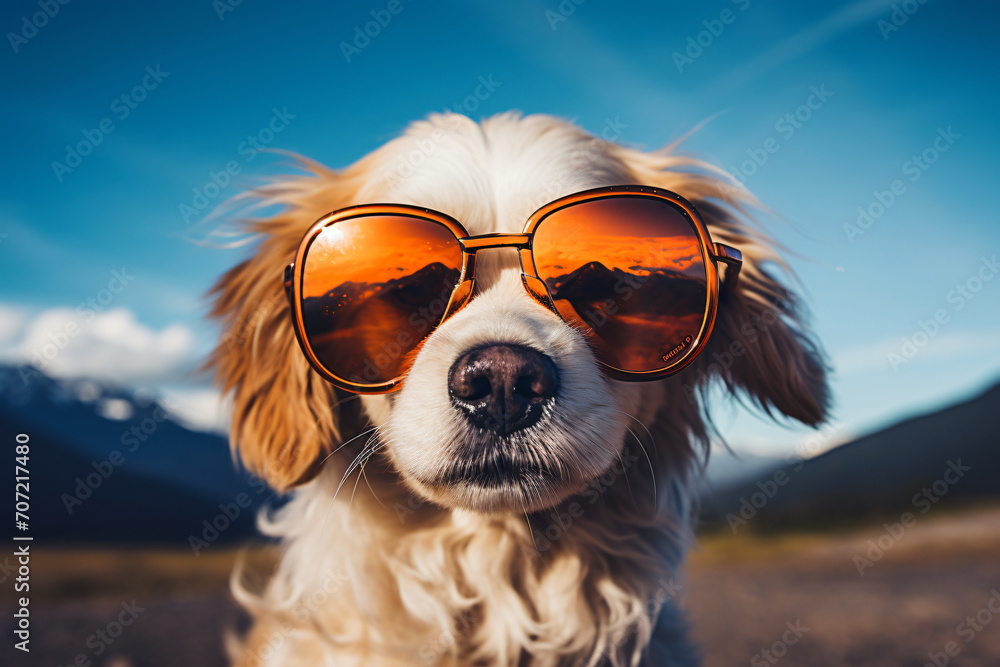 A dog wearing sunglasses, in the style of travel, light beige and orange, cinestill 50d, auto body works, high quality photo, joyful celebration of nature, photo taken with provia

