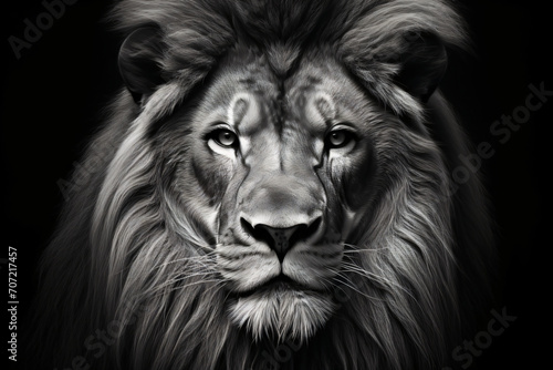 A high quality black and white portrait of a lion with an impressive ear and ear hair  in the style of intense close-ups  photorealist painter  photorealistic wildlife art  luminous shadows  poster  c