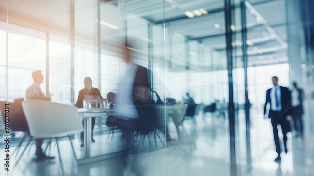 Motion blur business people in an office with glass partitions. AI generated. Motion blur business people in an office with glass partitions. AI generated.