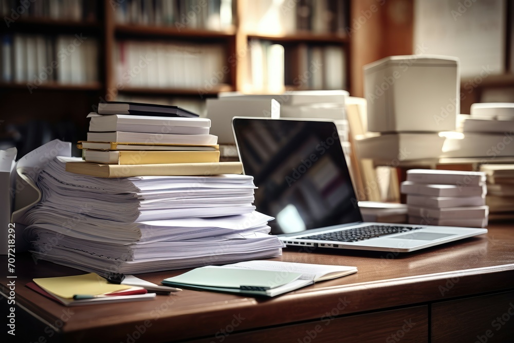 A well-organized desk with a laptop and neatly stacked paperwork in an office. A well-organized desk with a laptop and neatly stacked paperwork in an office.