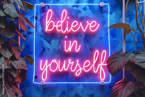 Believe in yourself neon sign quote on wall, glowing letter, inspirational motivational text