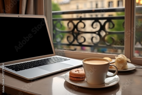 A laptop, a cup of coffee and French desserts on a table in a Parisian hotel. AI generated.