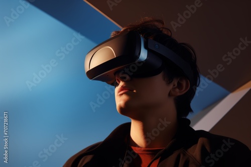 Man guy student user computer technology addict male wearing VR headset virtual reality goggles exploration metaverse modern advanced tech future progress playing cyber game experience gaming outdoors