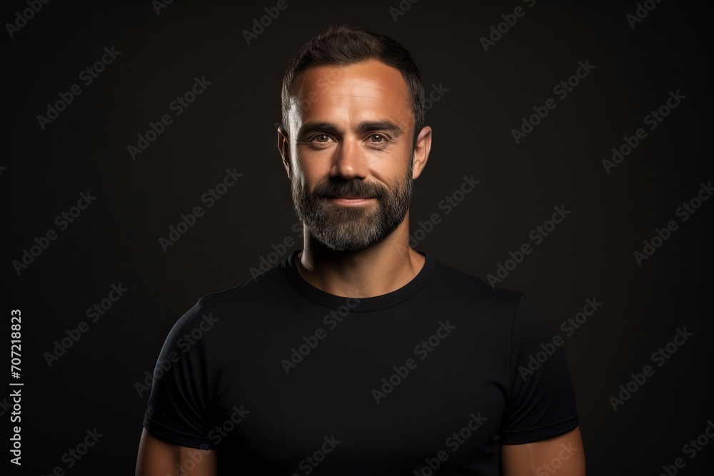 Portrait of handsome bearded man in black t-shirt on dark background.