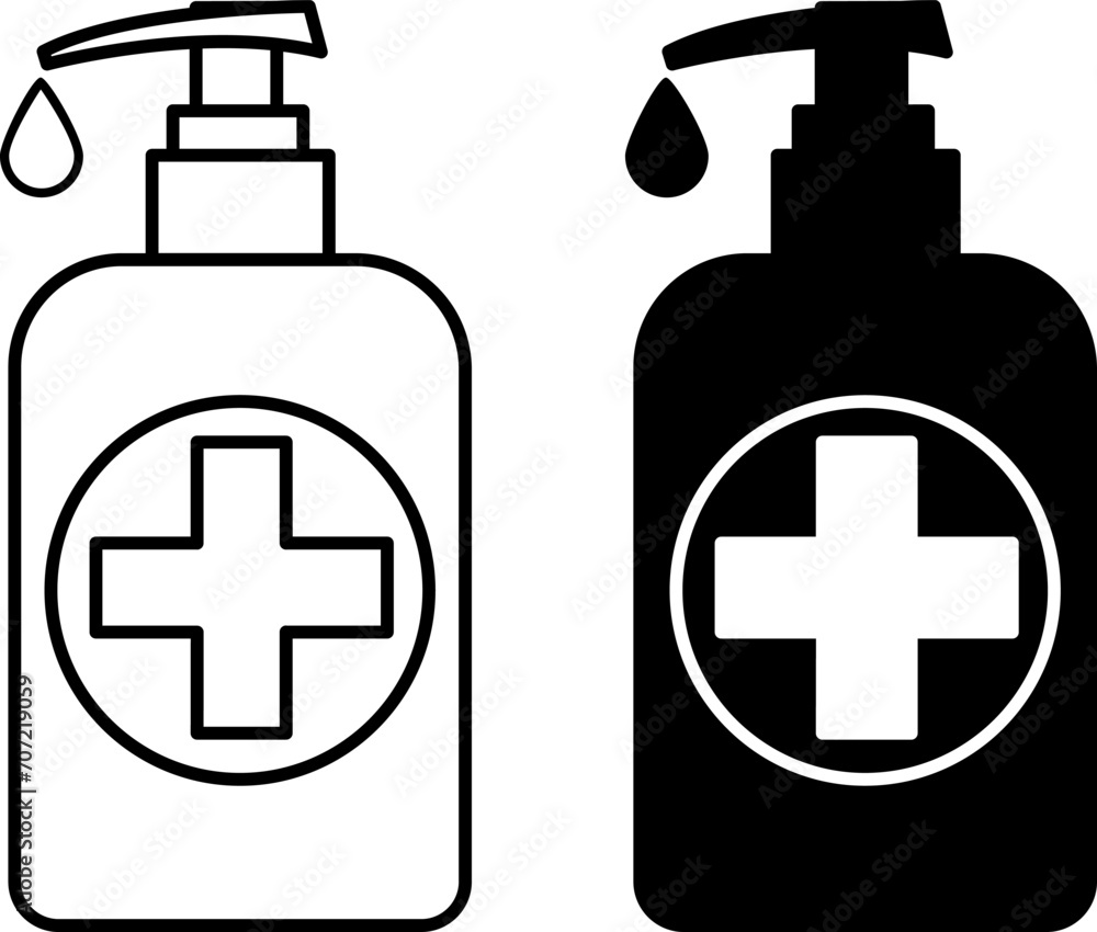 Hand Sanitizer Icons. Black and White Icons. Medical Antiseptic with Dispenser. Vector illustration Hand Sanitizer Icons. Black and White Icons. Medical Antiseptic with Dispenser. Vector illustration