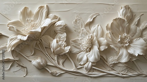 Bas relief of a branch and flowers, tone-on-tone in white photo