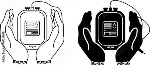 Icons of Hands Holding Bag of Donor Blood. Black and White Icons. Medicine concept. Donor Day. Vector illustration