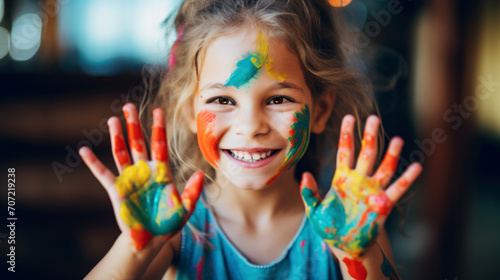 A cheerful young girl with a bright smile has her face and hands playfully covered in vibrant paint  embodying the joy of creativity and play.