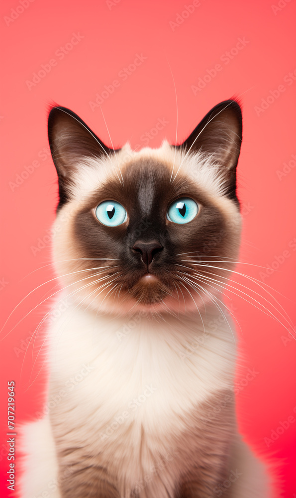 Blue eyed domestic cat of Thai breed. Fluffy kitty looking at camera on red background. Cute cat sitting in front of colored background with copy space. Sacred Birman Cat on red background, look stare