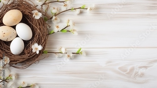 Easter background with Easter eggs in the nest on rustic wooden background. Top view with copy space.