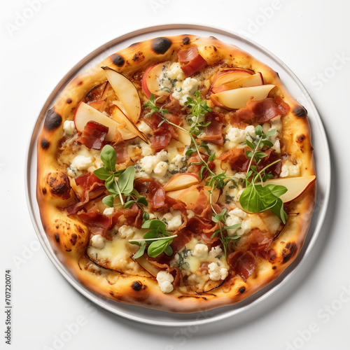 Top view of pizza isolated on white background. Photo for restaurant menu, advertising, delivery, banner