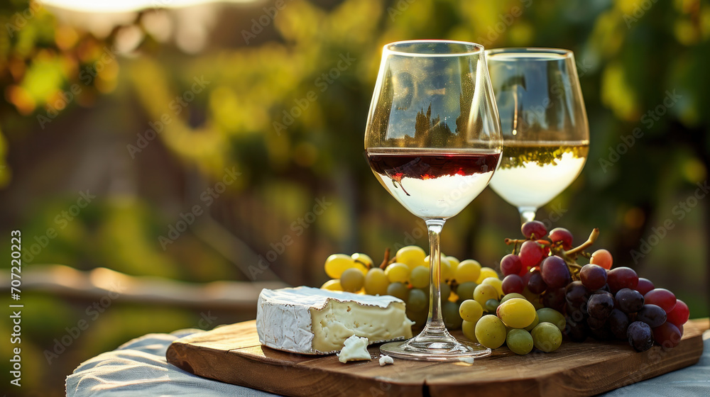 Glasses of white wine, cheese and snacks, gourmet picnic in vineyard