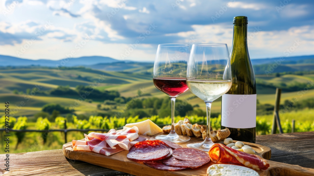 Wine, cheese and charcuterie, gourmet meal served outdoors, beautiful hills in background Wine, cheese and charcuterie, gourmet meal served outdoors, beautiful hills in background