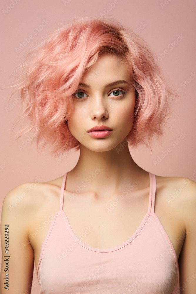 Portrait of a beautiful girl with pink hair on a pink background Portrait of a beautiful girl with pink hair on a pink background