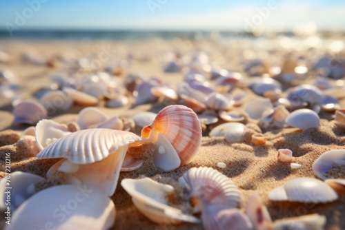 Seashells shells laying on sand sea beach tropical sanded seashore sandy seacoast blue waves backdrop beauty calm tranquil ocean seaside environment summer day vacation exotic aqua island background