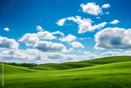 A green field with clouds and blue sky around it, spectacular backdrops.