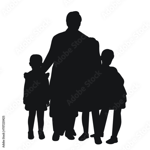 Black silhouette of a mother with children together, mother with many children, isolated vector