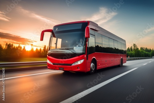 Touristic coach bus on highway road intercity regional domestic transportation driving urban modern tour traveling travel journey ride moving transport concept public comfortable passengers shuttle