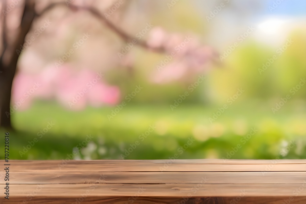 Empty wooden table with blurry spring background