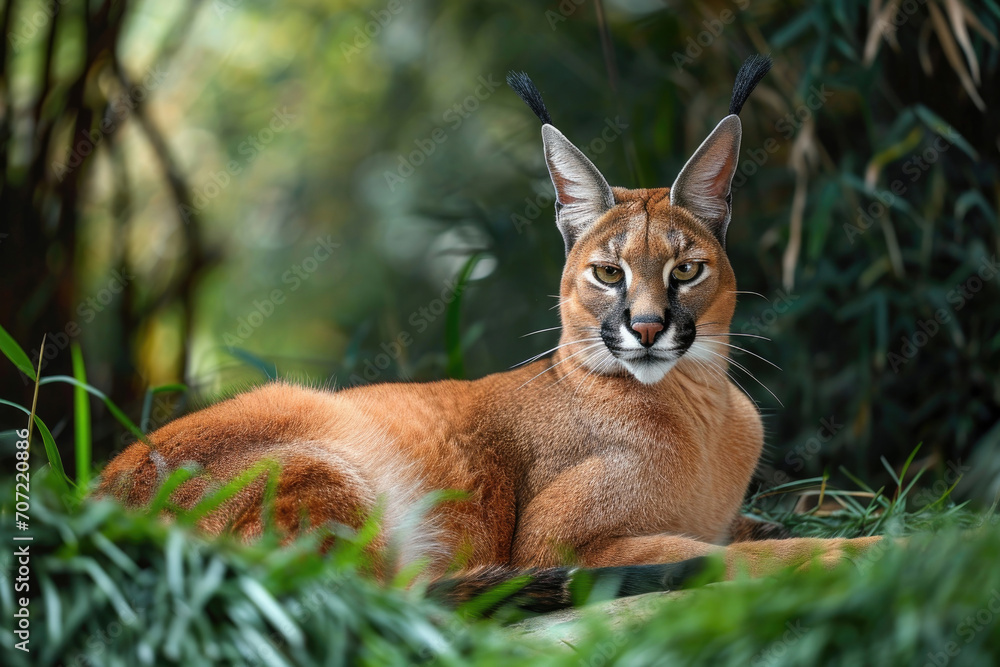 Fototapeta premium Caracal is portrayed with poise showcasing its luxurious coat distinctive markings and tufted ears