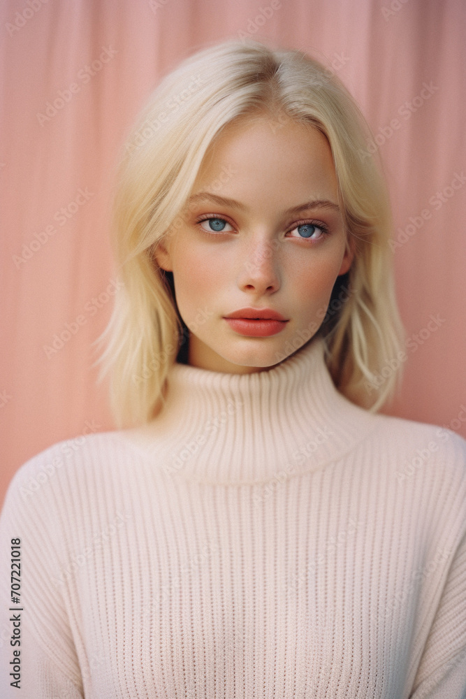Portrait of a beautiful blonde girl in a white sweater on a pink background Portrait of a beautiful blonde girl in a white sweater on a pink background