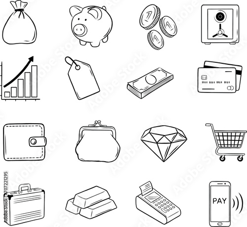 Financial icons, money and budget planning icons, hand drawn icons, doodle icons, vector icons, economy, finances, line art graphics (ID: 707221295)