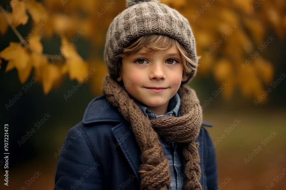 Portrait of a cute little boy in a hat and scarf in autumn park Portrait of a cute little boy in a hat and scarf in autumn park