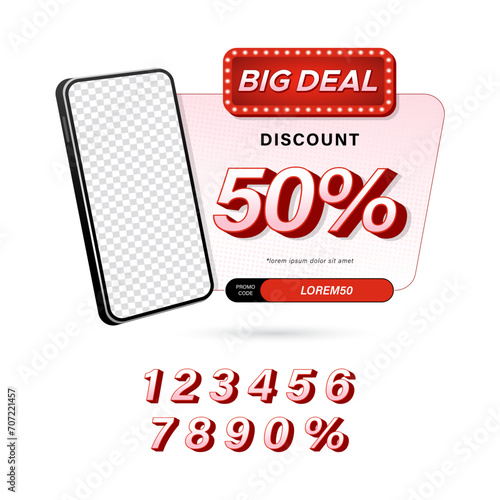 Big Sale shopping promo with smartphone includes promo code and discount number template for business marketing or promotion