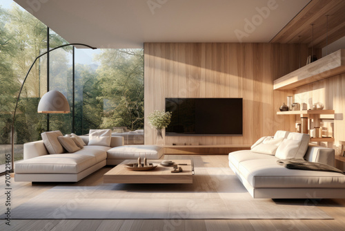 Sunny spacious living room with huge big sofa and stylish coffee tables on wooden floor  green plant in black vase and city view from windows to floor. 3D rendering.