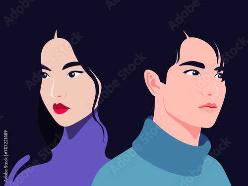 Portrait of a young Asian couple are half turned. Husband and wife. Woman and man on dark background. Family relationships and gender conflict. Psychology. Divorce. Vector flat illustration