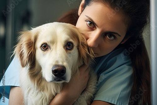 Close-up of a woman embracing a cream-colored dog, both gazing into the camera.