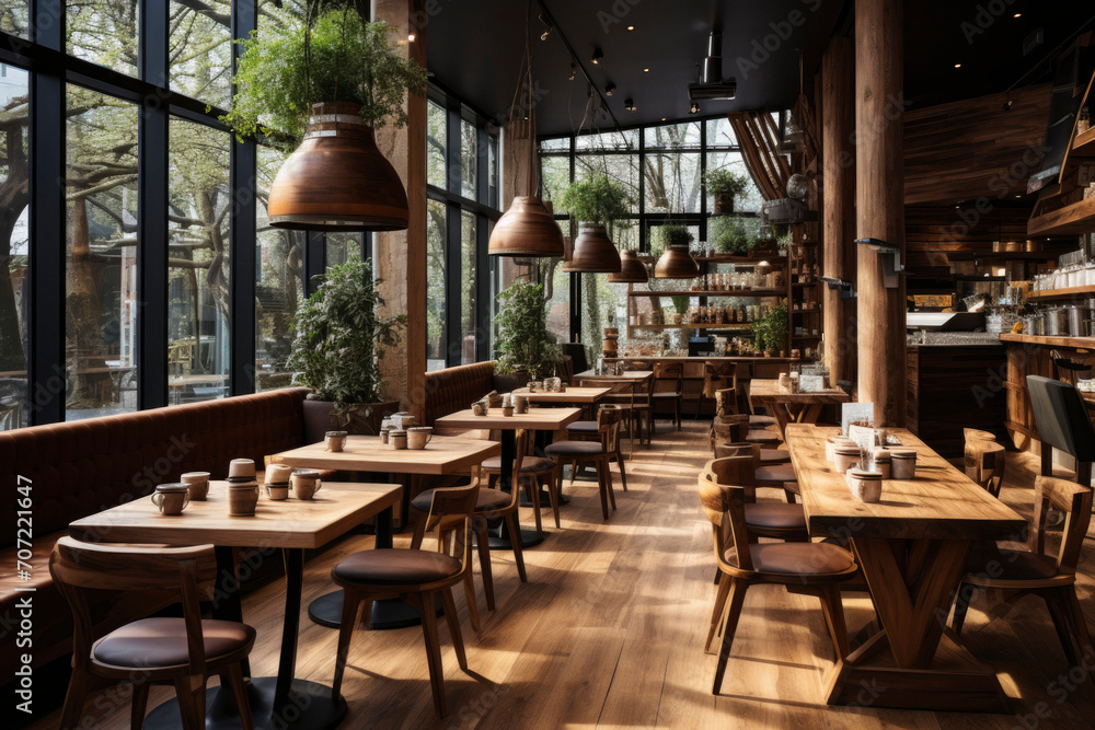 Design ideas for a coffee shop with wooden details, modern atmosphere, wooden floor without people